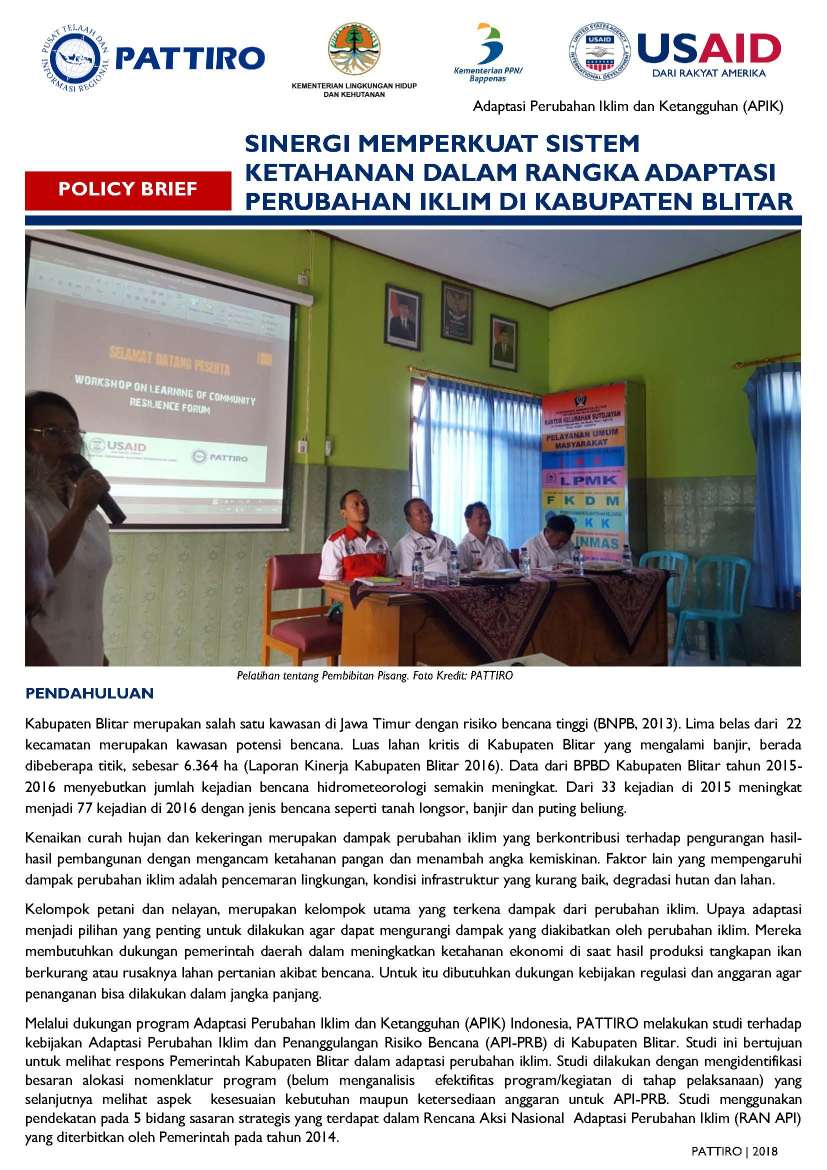 Policy Brief | Synergy To Strengthen Resilience System In For Adapting To Climate Change In Blitar Regency