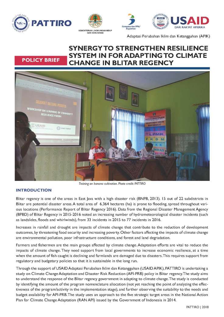 PATTIRO2018_Policy Brief_Sinergi Memperkuat Sistem Ketahanan Dalam Rangka Adaptasi Perubahan Iklim di Kabupaten Blitar_Page_1